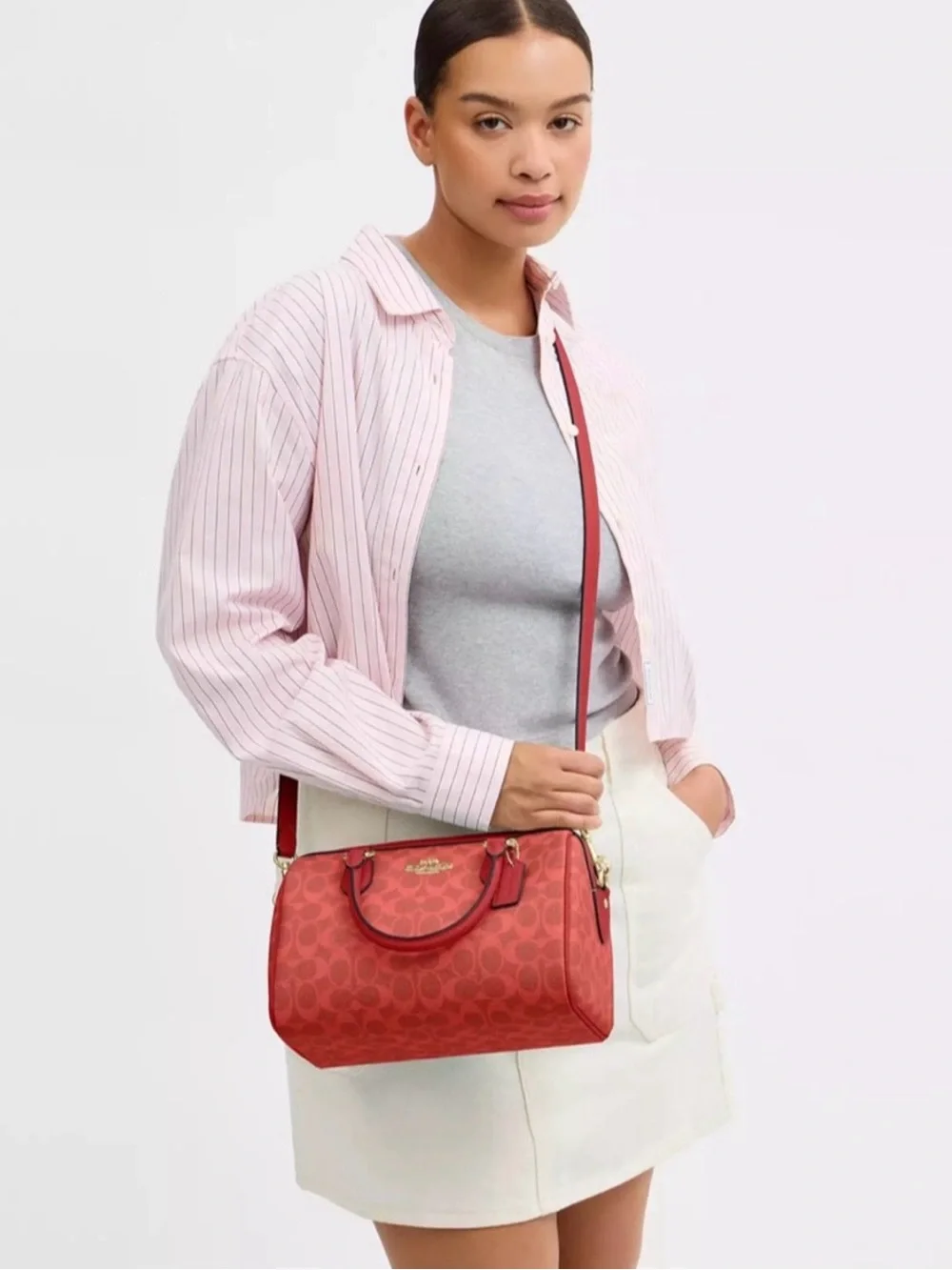 COACH MEDIUM ROWAN SATCHEL – SIGNATURE CANVAS – CRIMSON/GOLD – NWT